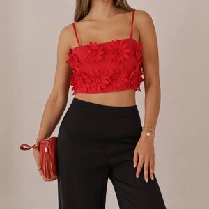 Crochet Embroidered Appliqué Floral Crop Top- RED